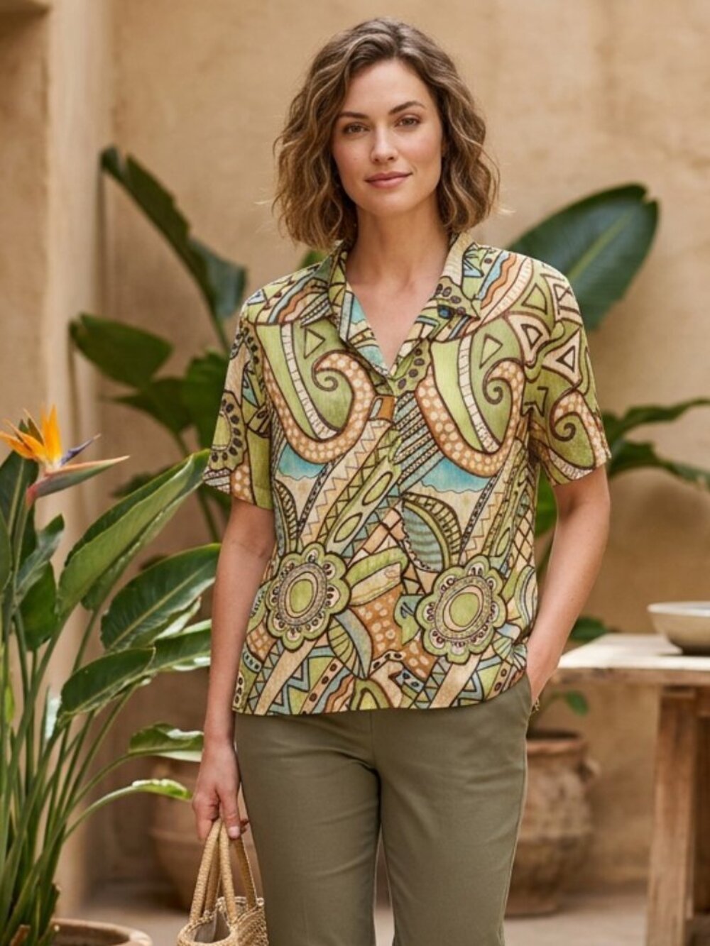 Alfred Dunner Ladies Top Size 14 Green Abstract Paisley Sheer Layered Shirt
